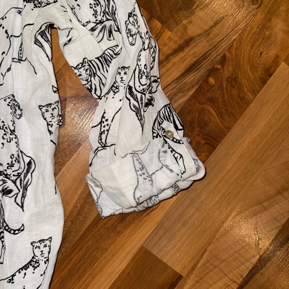 Cynthia Rowley button down 100% linen white top tiger print roll tab sleeve - Picture 2 of 4